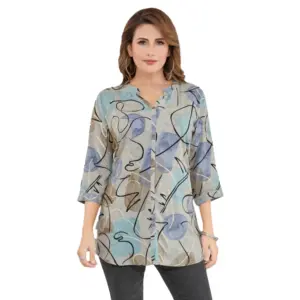 Women's Rayon Mandarin Collar 3/4 Sleeves Short Top (Grey)