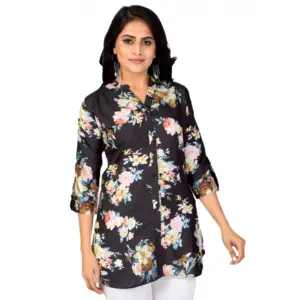 Women's Poly Crepe Mandarin Collar 3/4 Sleeves Short Top (Black)