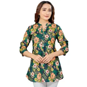 Women's Cotton Blend Mandarin Collar 3/4 Sleeves Short Top (Green)