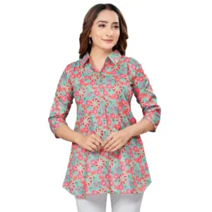 Women's Cotton Blend Collared Neck 3/4 Sleeves Short Top (Teal Green)