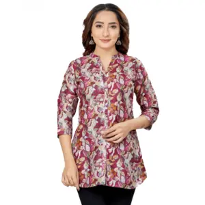 Women's Cotton Blend Mandarin Collar 3/4 Sleeves Short Top (Burgundy)