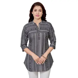 Women's Cotton Blend Mandarin Collar 3/4 Sleeves Short Top (Black)