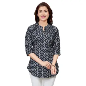 Women's Poly Crepe Mandarin Collar 3/4 Sleeves Short Top (Black)