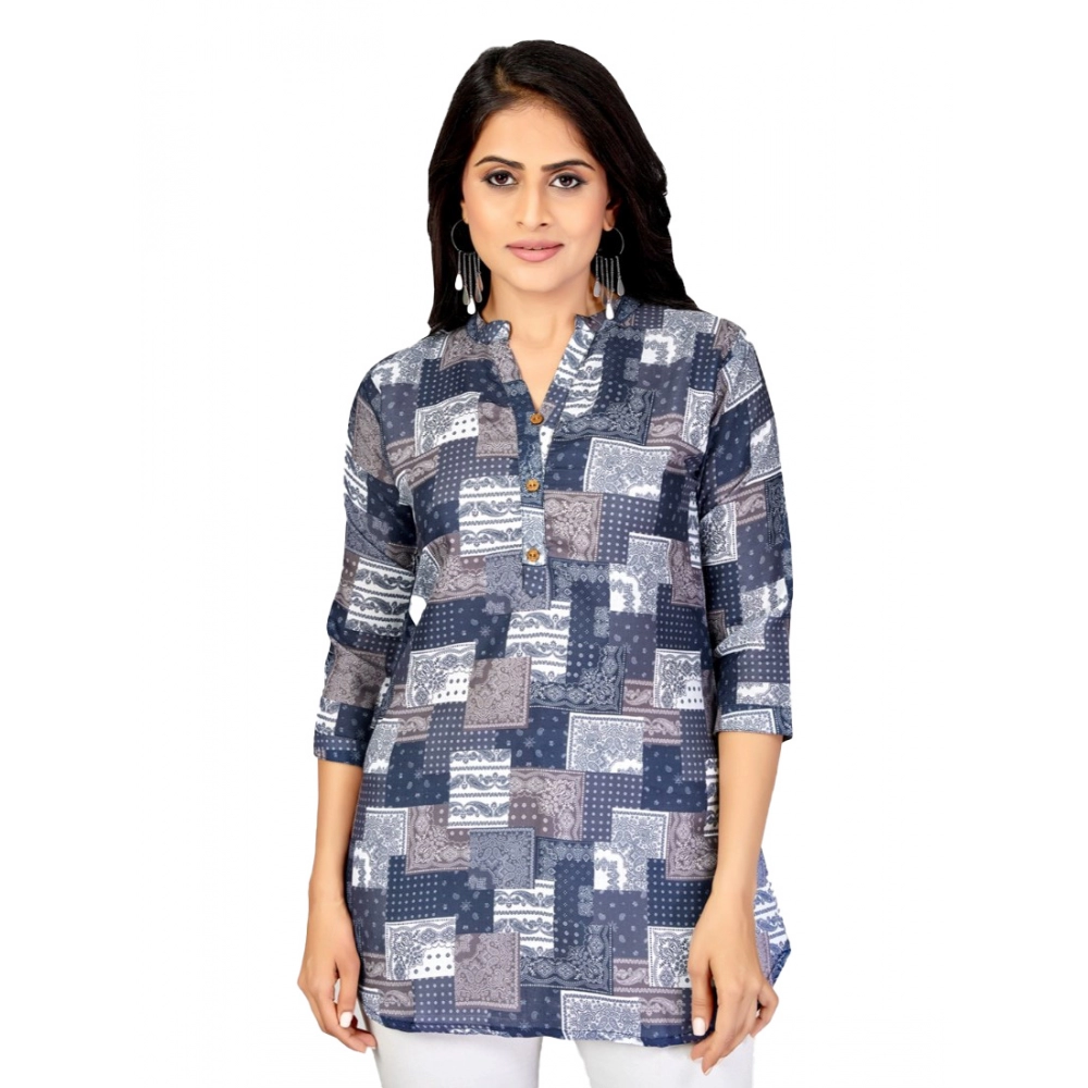 Women's Cotton Blend Mandarin Collar 3/4 Sleeves Short Top (NavyBlue)