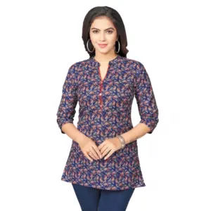 Women's Cotton Blend Mandarin Collar 3/4 Sleeves Short Top (Blue)