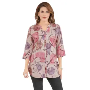 Women's Rayon Mandarin Collar 3/4 Sleeves Short Top (Pink)