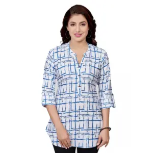 Women's Poly Crepe Mandarin Collar 3/4 Sleeves Short Top (White)