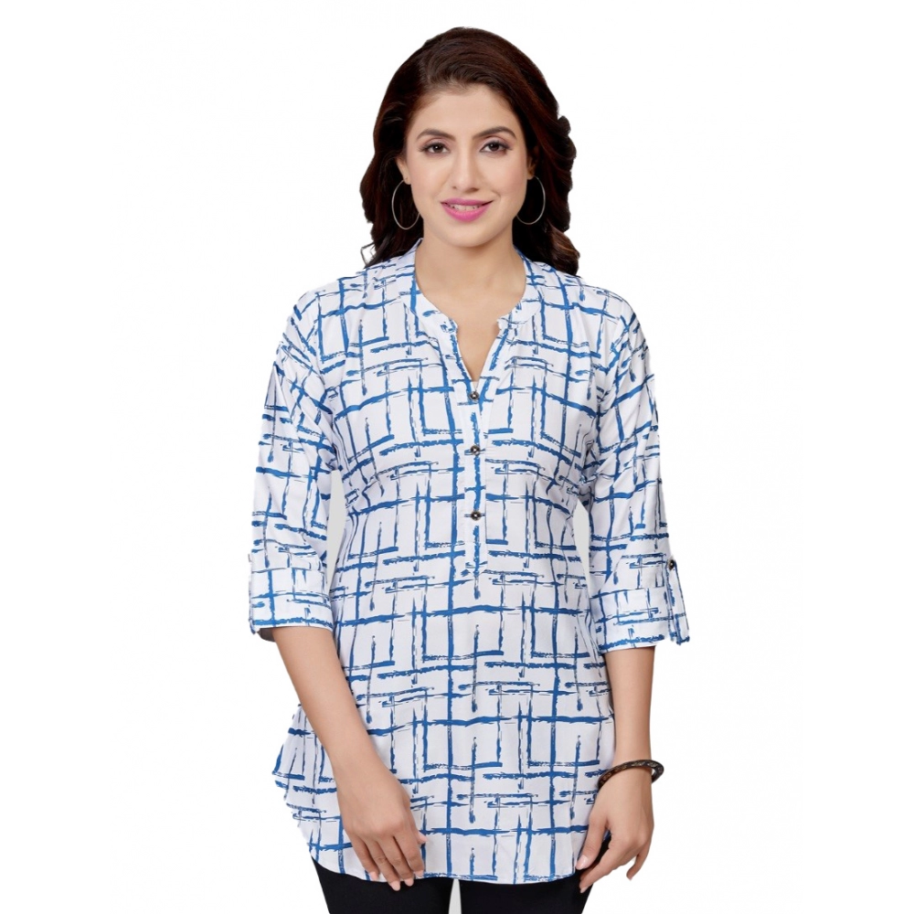 Women's Poly Crepe Mandarin Collar 3/4 Sleeves Short Top (White)