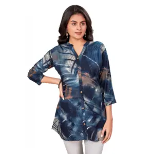 Women's Rayon Mandarin Collar 3/4 Sleeves Short Top (Blue)