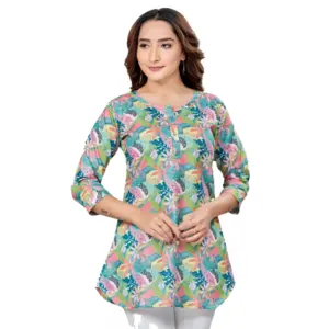 Women's Cotton Blend Round Neck 3/4 Sleeves Short Top (Multicolor)