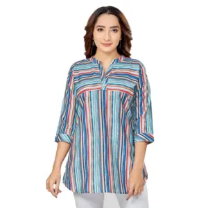 Women's Cotton Blend Mandarin Collar 3/4 Sleeves Short Top (Multicolor)