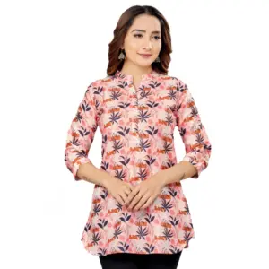 Women's Cotton Blend Mandarin Collar 3/4 Sleeves Short Top (Pink-Navy Blue)