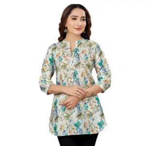 Women's Cotton Blend Mandarin Collar 3/4 Sleeves Short Top (OffWhite-Blue)