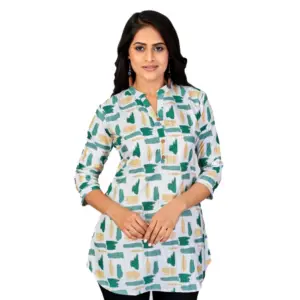 Women's Poly Crepe Mandarin Collar 3/4 Sleeves Short Top (Green)