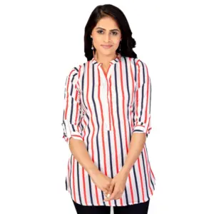 Women's Poly Crepe Mandarin Collar 3/4 Sleeves Short Top (White)