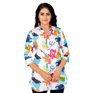 Women's Poly Crepe Mandarin Collar 3/4 Sleeves Short Top (Multicolor)