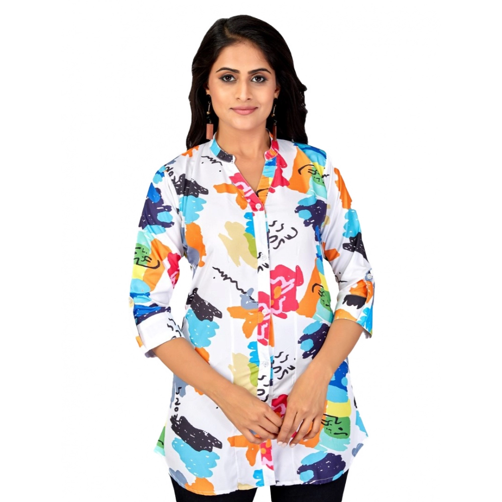 Women's Poly Crepe Mandarin Collar 3/4 Sleeves Short Top (Multicolor)