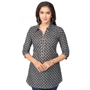 Women's Cotton Blend Mandarin Collar 3/4 Sleeves Short Top (Black)