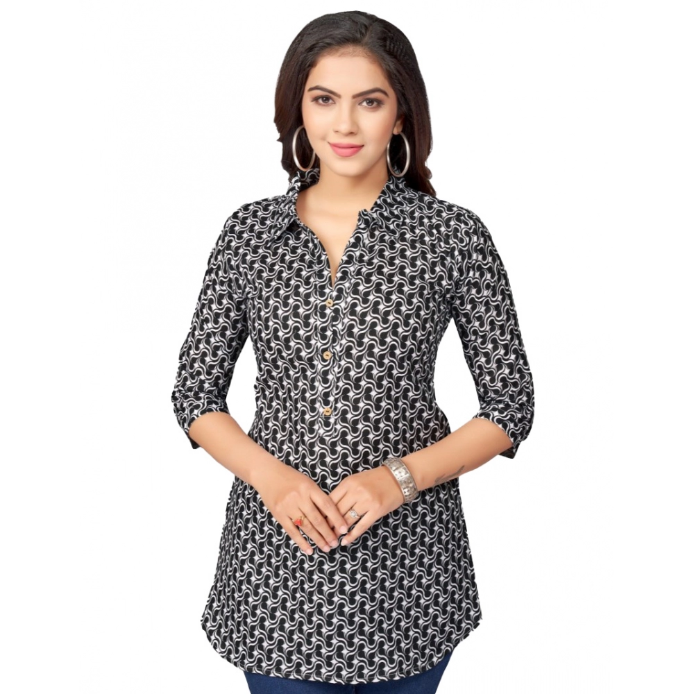 Women's Cotton Blend Mandarin Collar 3/4 Sleeves Short Top (Black)