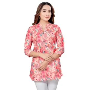 Women's Cotton Blend Mandarin Collar 3/4 Sleeves Short Top (Pink)