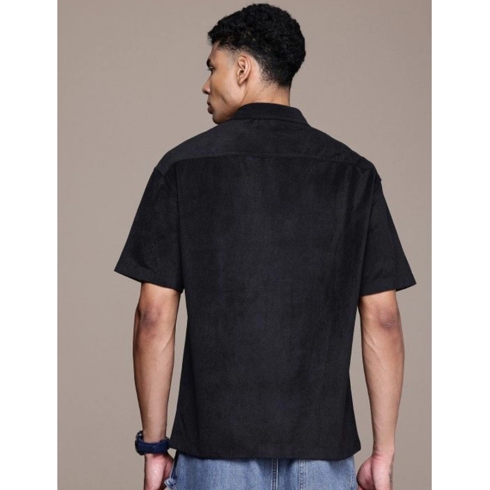 Men's Cotton Blend Solid Half-Sleeve Regular Shirt (Black) - Image 3