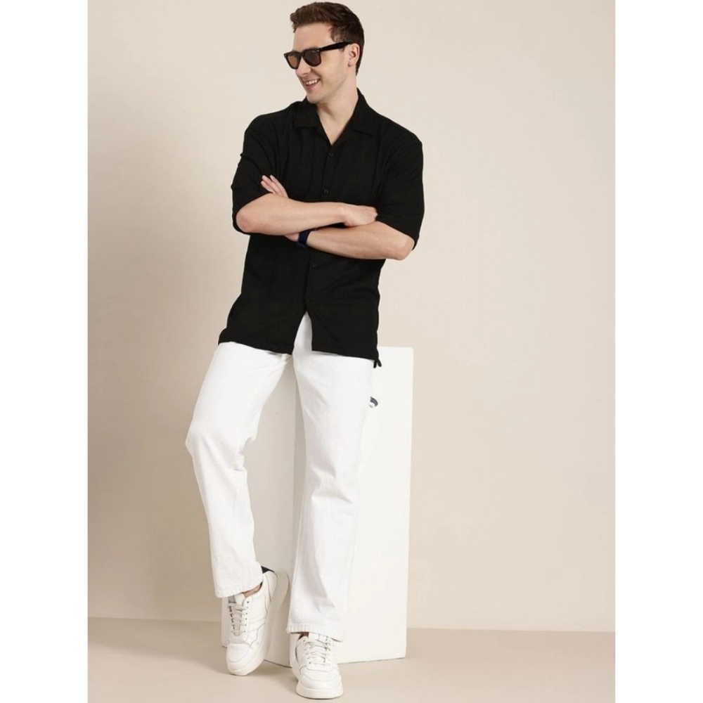 Men's Cotton Blend Solid Half-Sleeve Regular Shirt (Black) - Image 4