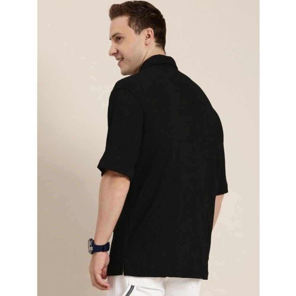 Men's Cotton Blend Solid Half-Sleeve Regular Shirt (Black) - Image 3
