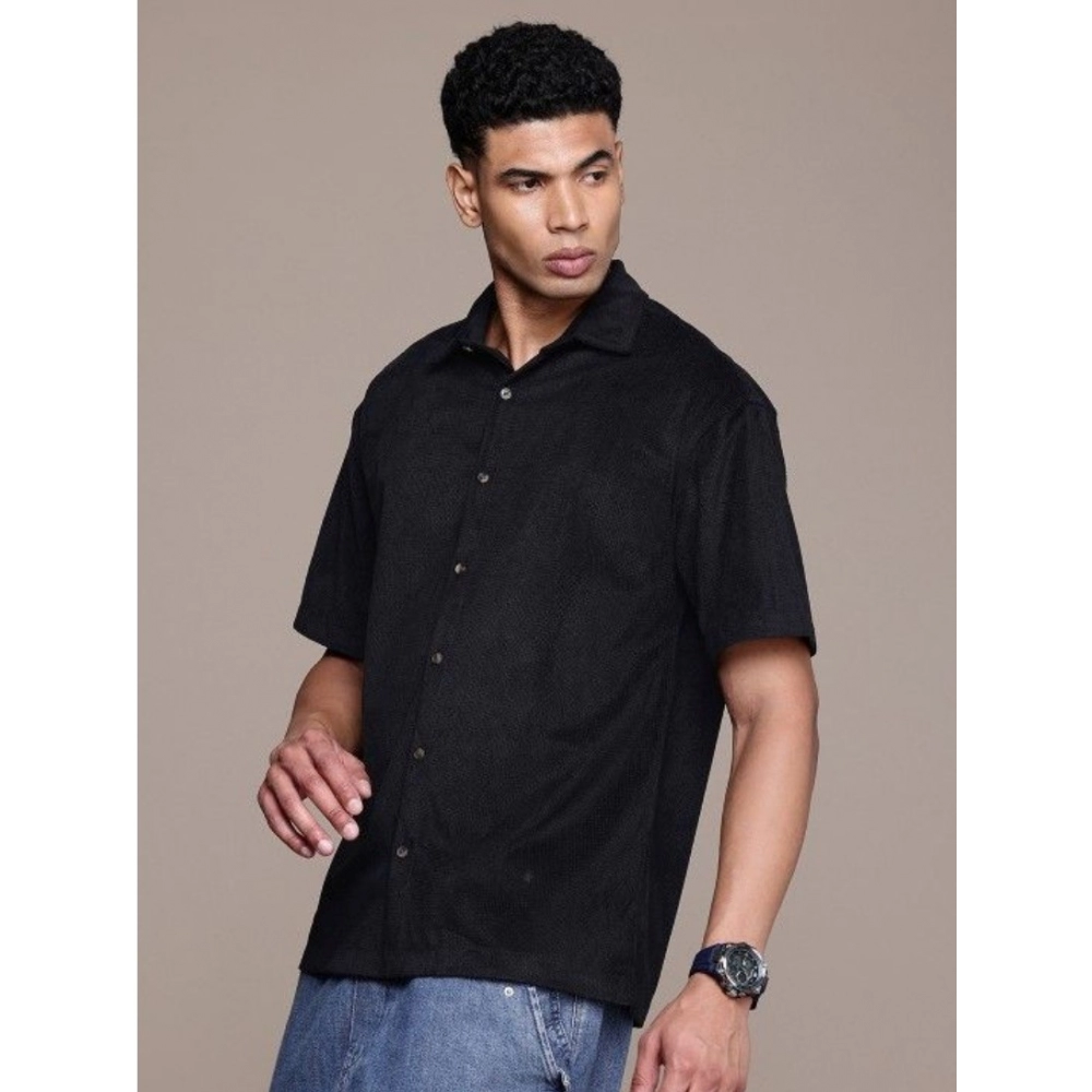 Men's Cotton Blend Solid Half-Sleeve Regular Shirt (Black) - Image 4