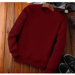 Men's Casual Fleece Solid Round Neck Long Sleeves Sweatshirt (Maroon)