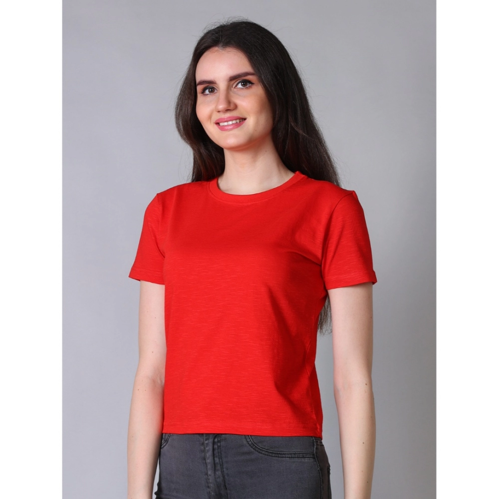Women's Cotton Solid Closure Neck Half Sleeve T-Shirt (Red) - Image 3