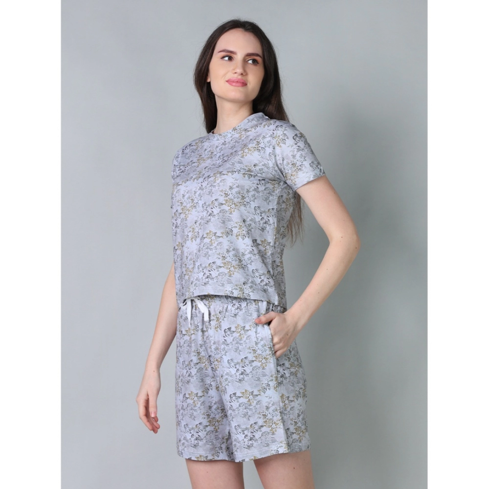 Women's Cotton Blended Printed Round Neck Half Sleeve Top - Shorts Set (Grey) - Image 3