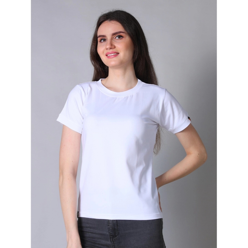 Women's Cotton Blended Solid Round Neck Half Sleeve T-Shirt (White) - Image 3