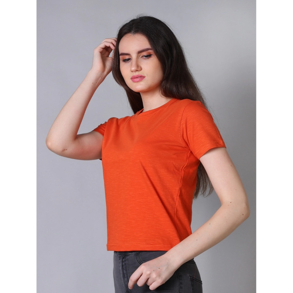 Women's Cotton Solid Closure Neck Half Sleeve T-Shirt (Rust) - Image 3