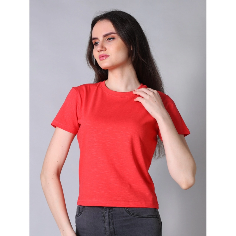 Women's Cotton Solid Closure Neck Half Sleeve T-Shirt (Dark-Red) - Image 3