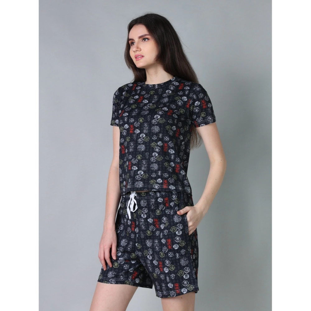 Women's Cotton Blended Printed Round Neck Half Sleeve Top - Shorts Set (Black) - Image 3