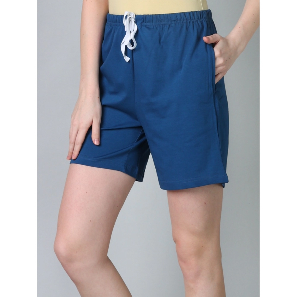 Women's Cotton Solid Above Knee Shorts (Blue) - Image 3