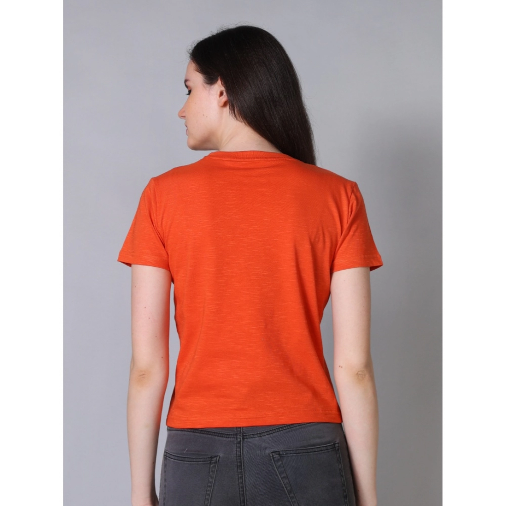 Women's Cotton Solid Closure Neck Half Sleeve T-Shirt (Rust) - Image 4