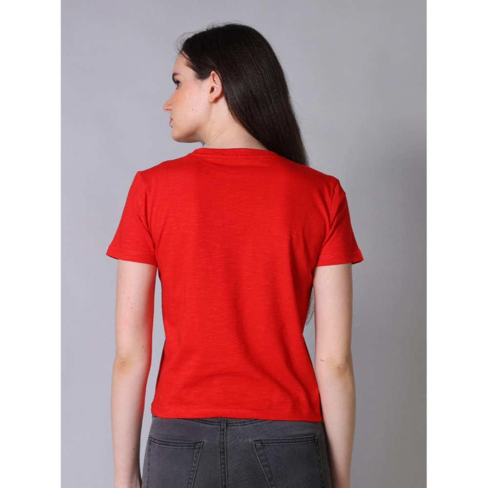 Women's Cotton Solid Closure Neck Half Sleeve T-Shirt (Red) - Image 4