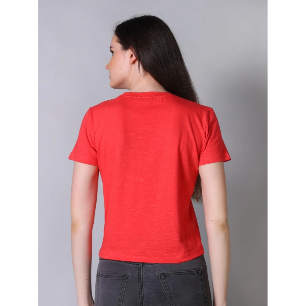 Women's Cotton Solid Closure Neck Half Sleeve T-Shirt (Dark-Red) - Image 4