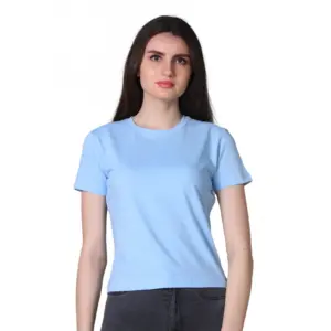 Women's Cotton Solid Closure Neck Half Sleeve T-Shirt (SkyBlue)