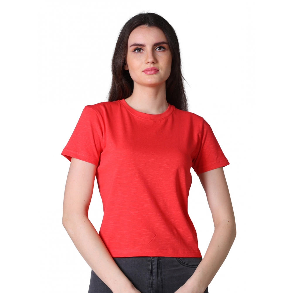 Women's Cotton Solid Closure Neck Half Sleeve T-Shirt (Dark-Red)