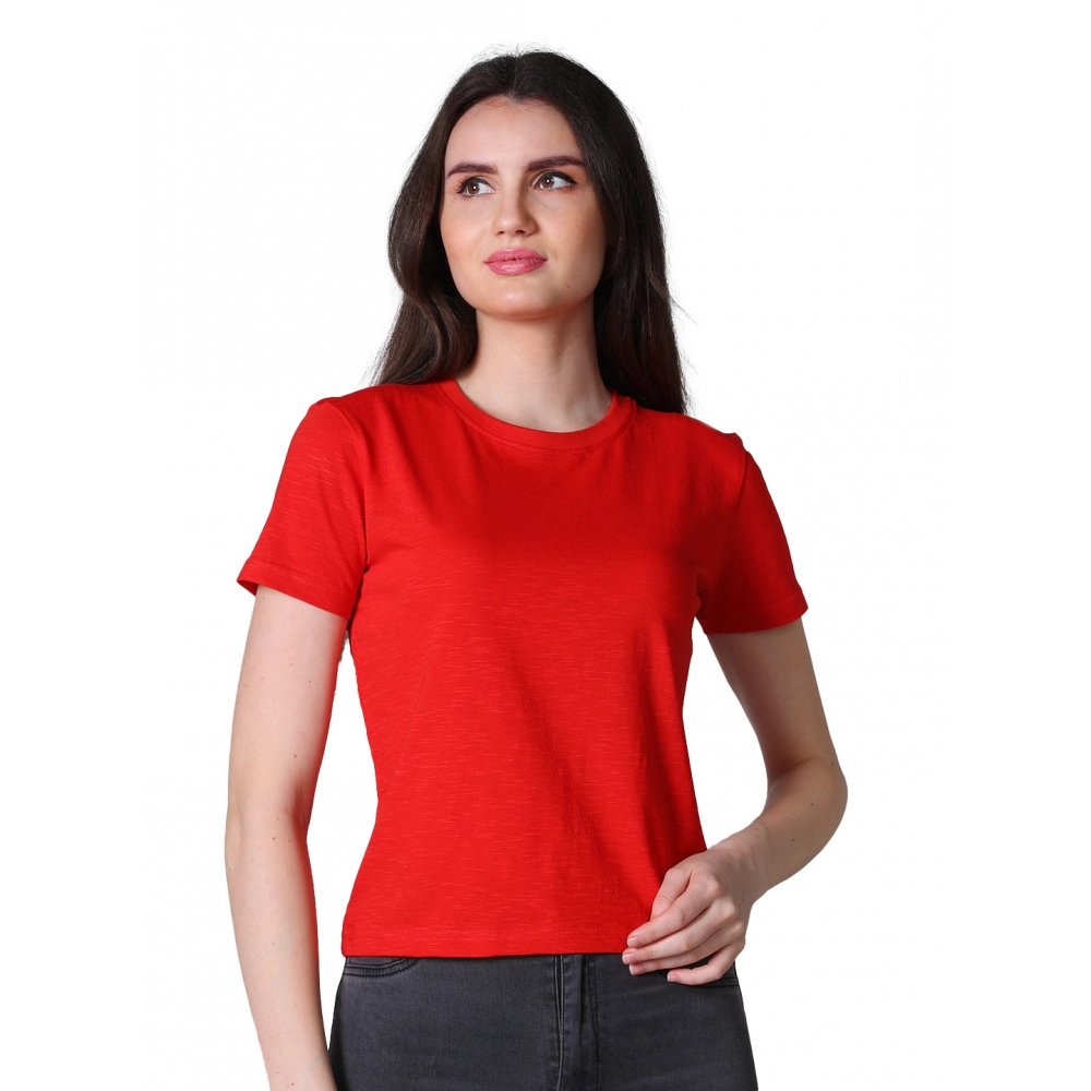 Women's Cotton Solid Closure Neck Half Sleeve T-Shirt (Red)