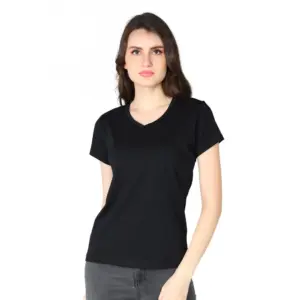 Women's Cotton Blended Solid Sweetheart Half Sleeve T-Shirt (Black)