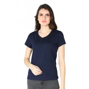 Women's Cotton Blended Solid Sweetheart Half Sleeve T-Shirt (Navy)