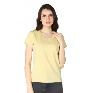 Women's Cotton Blended Solid Sweetheart Half Sleeve T-Shirt (Beige)