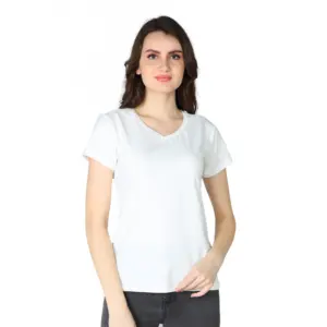 Women's Cotton Blended Solid Sweetheart Half Sleeve T-Shirt (Off_White)