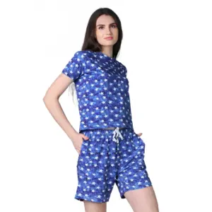 Women's Cotton Blended Printed Round Neck Half Sleeve Top - Shorts Set (Blue)