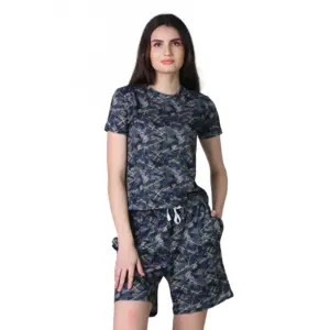 Women's Cotton Blended Printed Round Neck Half Sleeve Top - Shorts Set (Navy)