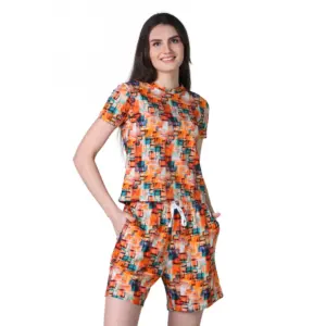 Women's Cotton Blended Printed Round Neck Half Sleeve Top - Shorts Set (Orange)