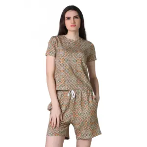 Women's Cotton Blended Printed Round Neck Half Sleeve Top - Shorts Set (Beige)